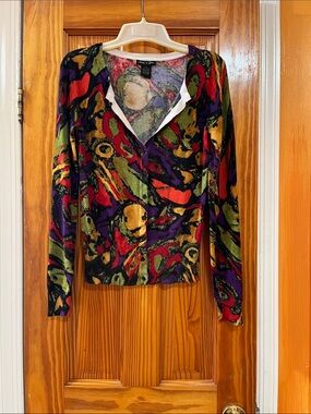 Audrey & Grace CollarlessVivid Abstract Print Button-Front Cardigan Multi Sz S